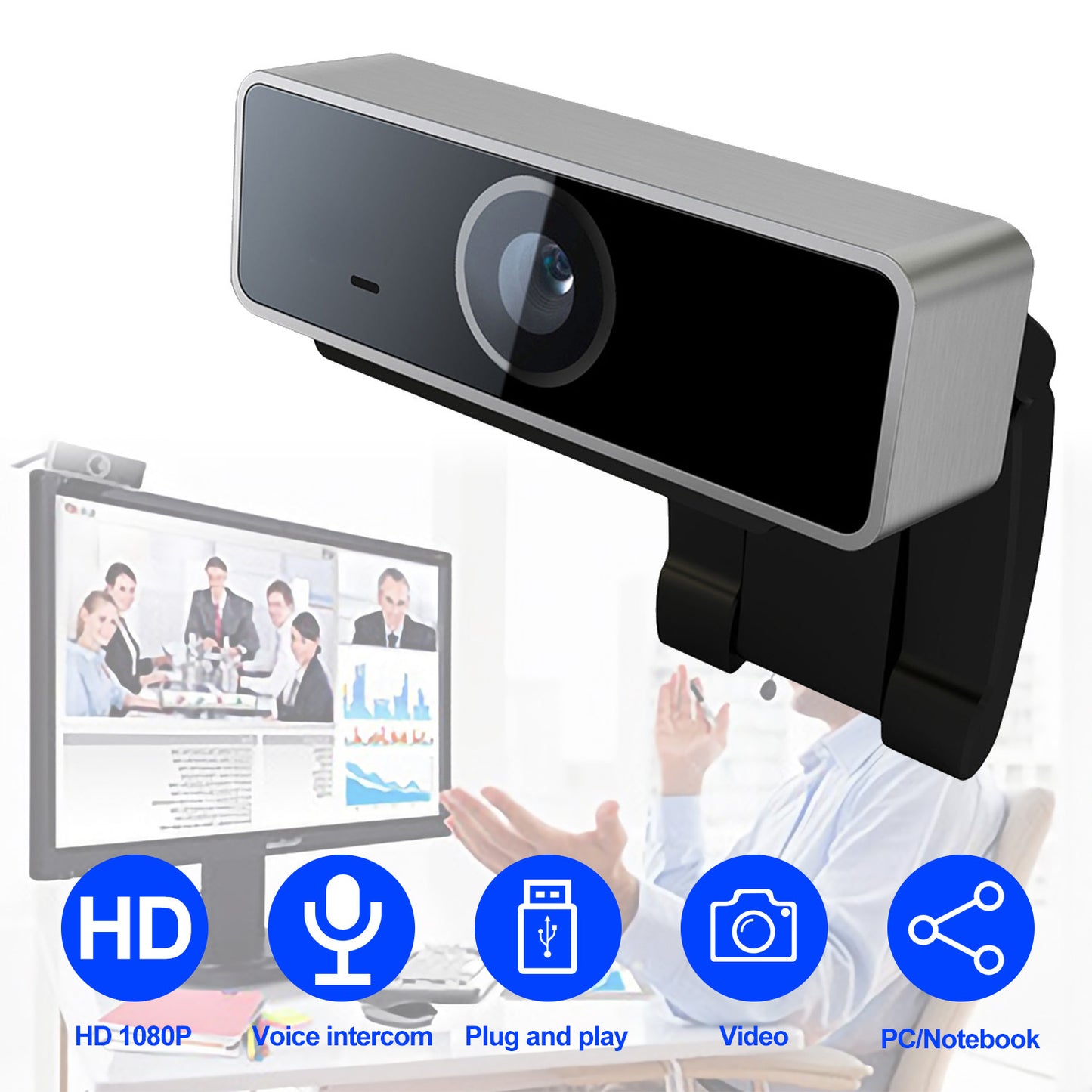 1Pc FHD 1080P Webcam USB PC Computer Webcam Auto Focus With Microphone 60-Degree Widescreen Desktop Laptop Webcam Live Streaming Webcam With Rotatable Clip For Live Broadcast Video Calling Conference